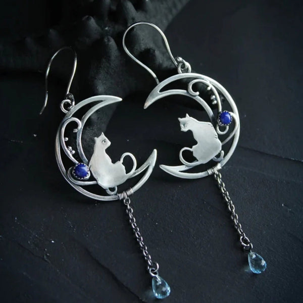 Boucles d'oreilles bohèmes chat en zircon bleu en argent sterling