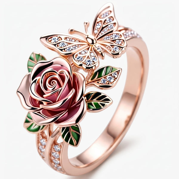 Bague Rose & Papillon - (RÉGLABLE)