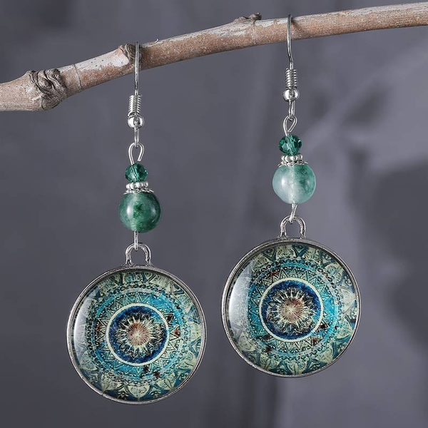 Boucles d'oreilles pendantes rondes bleues style mandala, vintage