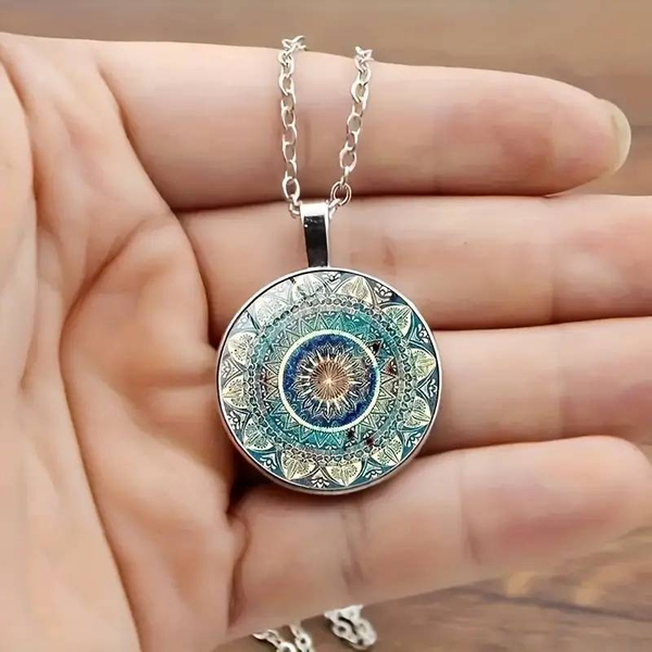 Collier mandala rond bleu vintage