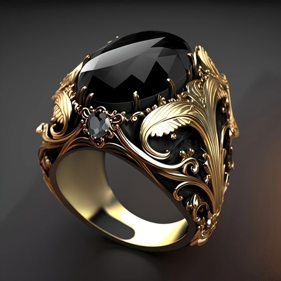 Bague vintage en or avec pierre noire brillante