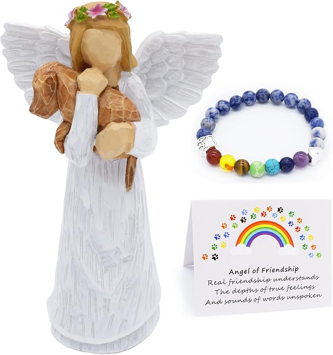 Coffret cadeau commémoratif pour chien avec figurine Ange de l'amitié et bracelet chakra Pont de l'Arc-en-ciel