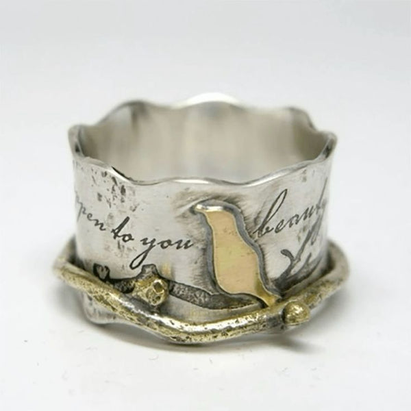 Bague Vintage Or Oiseau Argenté