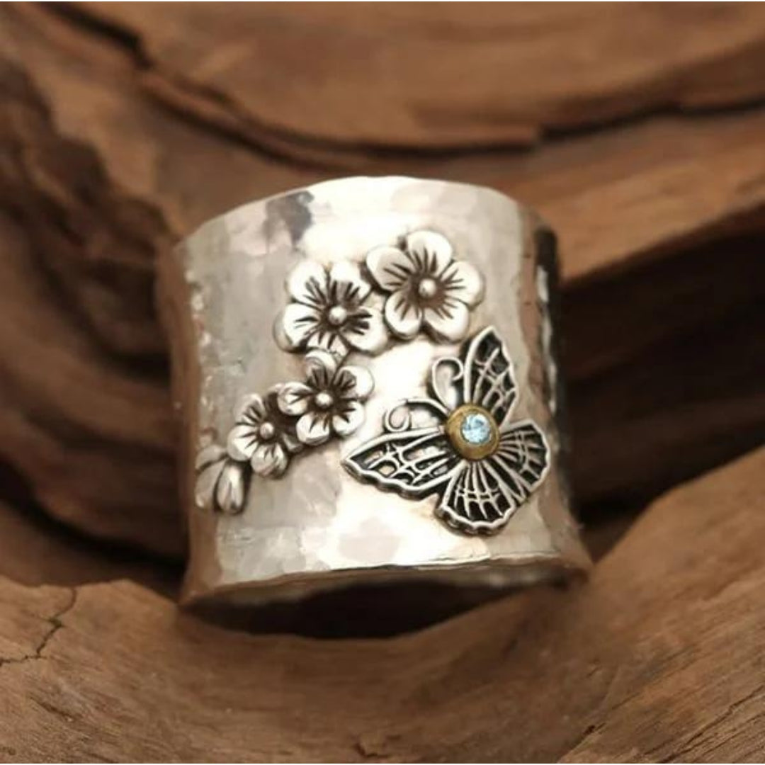 Bague large abeille fleur papillon