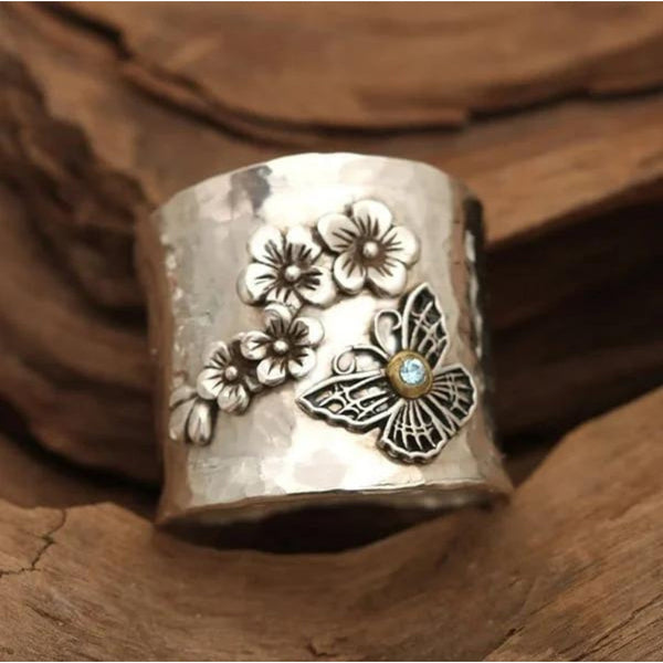 Bague large abeille fleur papillon