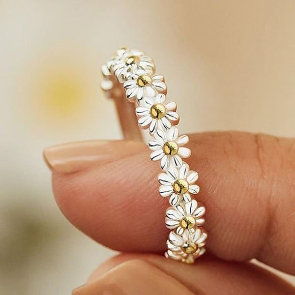 Bague marguerite réglable en argent et émail peint à la main