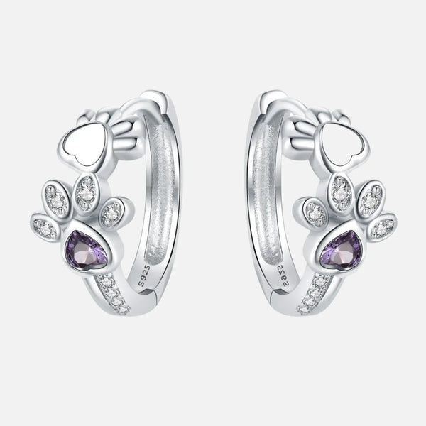 Boucles d'oreilles créoles Patte de chat en argent sterling 925 – Avec zircone et pierre en cœur