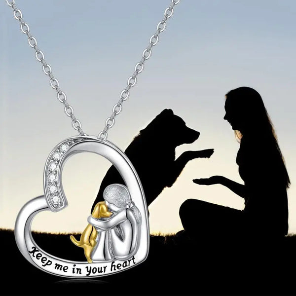 Collier en argent sterling 925 – Motif cœur et chien avec zircone