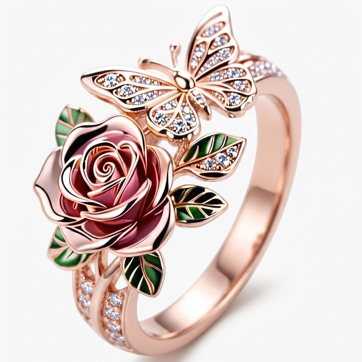 Bague Rose & Papillon - (RÉGLABLE)