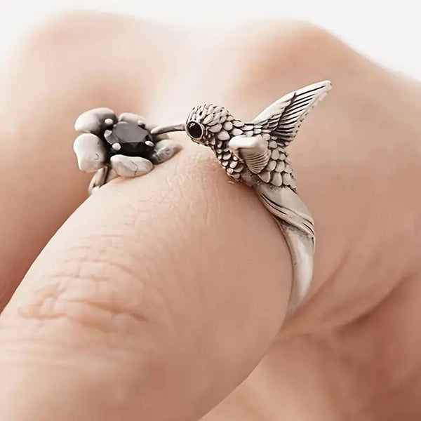 Bague Colibri et Fleur – Bague Ouverte Ajustable pour Femme