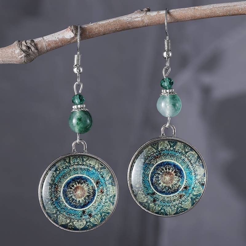 Boucles d'oreilles pendantes rondes bleues style mandala, vintage