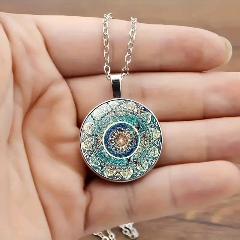 Collier mandala rond bleu vintage