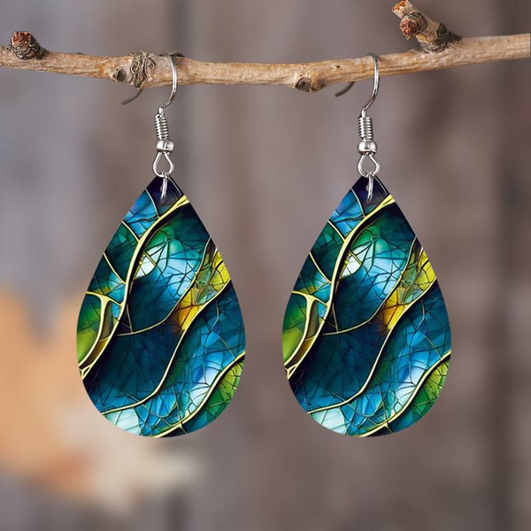 Boucles d'oreilles pendantes vintage à feuilles bleues peintes à la main