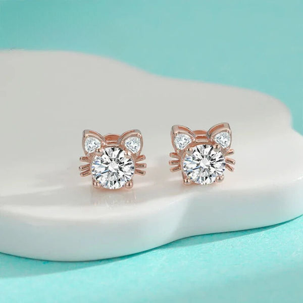Boucles d'oreilles clous chat en moissanite or rose, en argent sterling 925