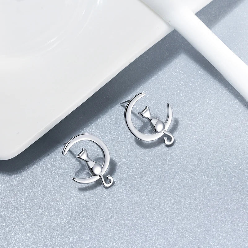Boucles d'oreilles clous chat en argent sterling Lune et Chat