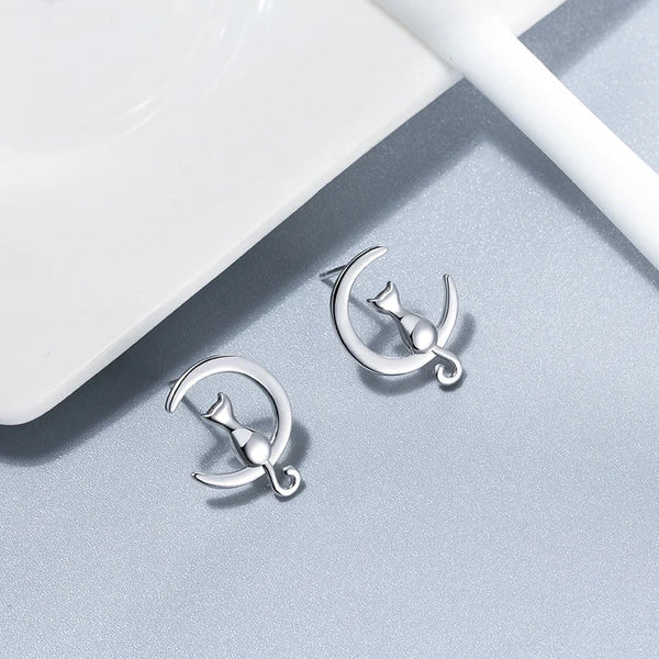 Boucles d'oreilles clous chat en argent sterling Lune et Chat
