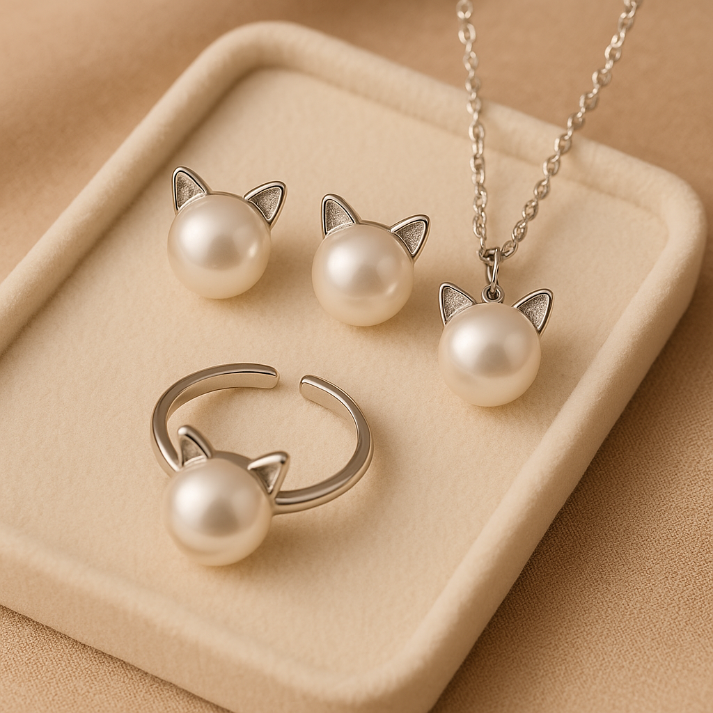 Magnifique collier chat avec perles et boucles d'oreilles + bague offertes