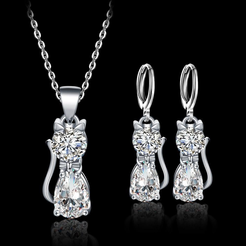 Parure Collier + Boucles d'Oreilles Chats Heureux en Argent Sterling et Zirconium Blanc Poli