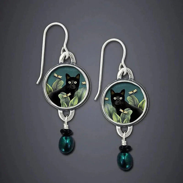 Boucles d'oreilles pendantes vintage chat noir tropical